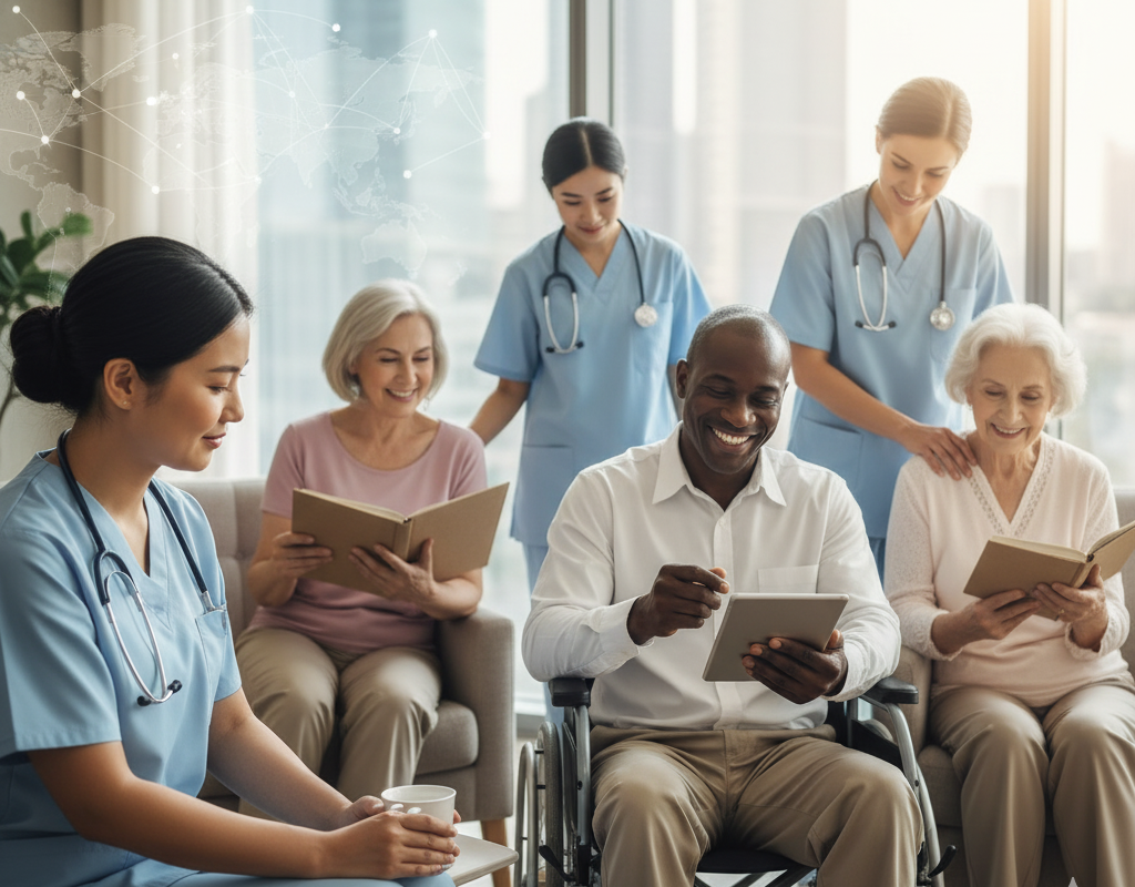 Image of caregivers providing kind support to elderly people.