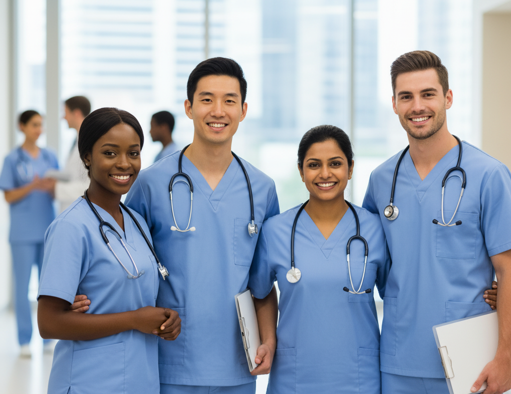 Image of diverse nurses smiling and working together.