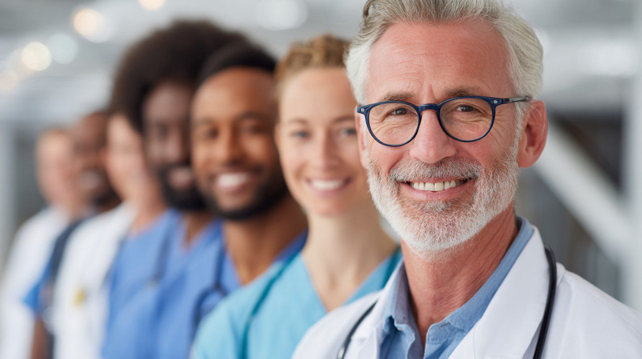 Diverse healthcare team lineup smiling
